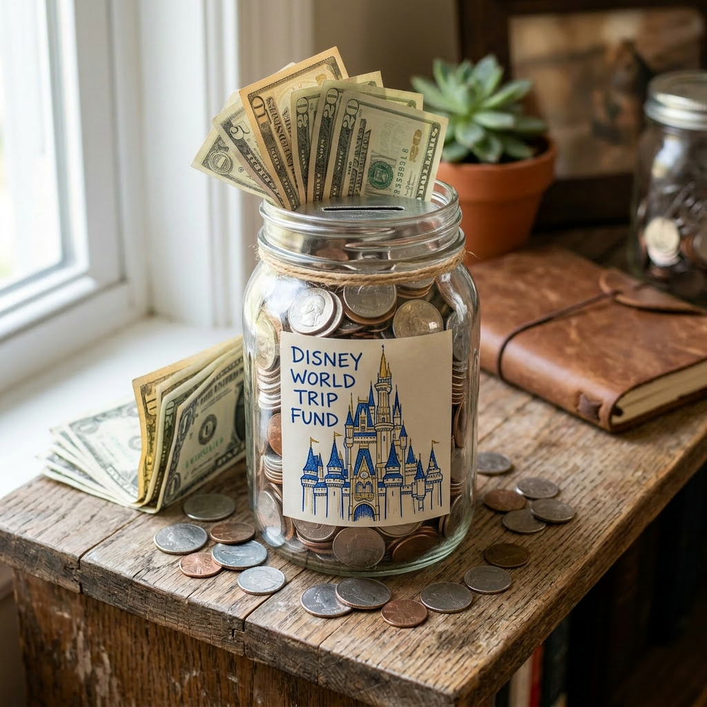 Glass jar filled with coins and U.S. dollar bills labeled Disney World Trip Fund